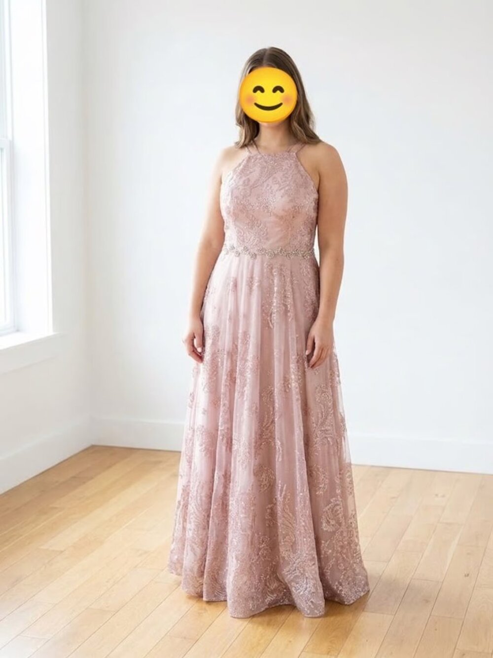 Rose gold formal dress with matching accessories